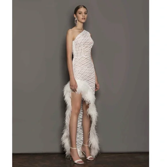 Bronx And Banco Lola Blanc Sheer Asymmetrical Feather Trim Gown - Picture 2 of 6